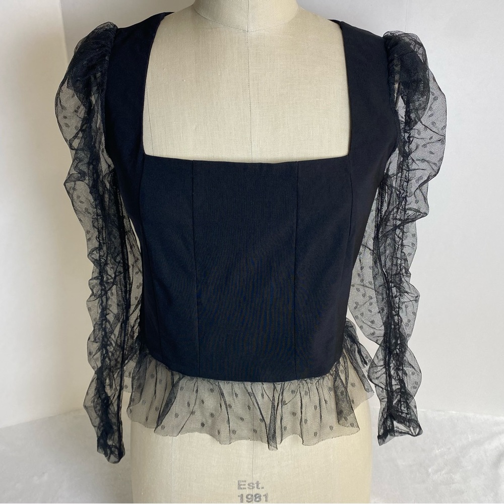 Topshop Dotted Mesh Black Top Size 12